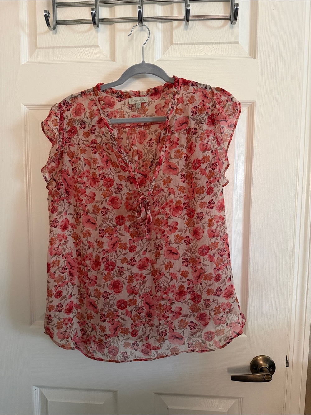 Chenault Pink Sheer Floral Tie-Neck Cap Sleeve Blouse